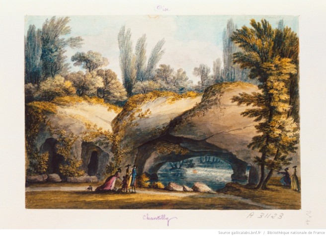 Chantilly. Vue de la grotte du jardin anglais, dessin Anne-Rosalie Filleul, vers 1780. Plume et encre de Chine, aquarelle, 17 x 24,2 cm