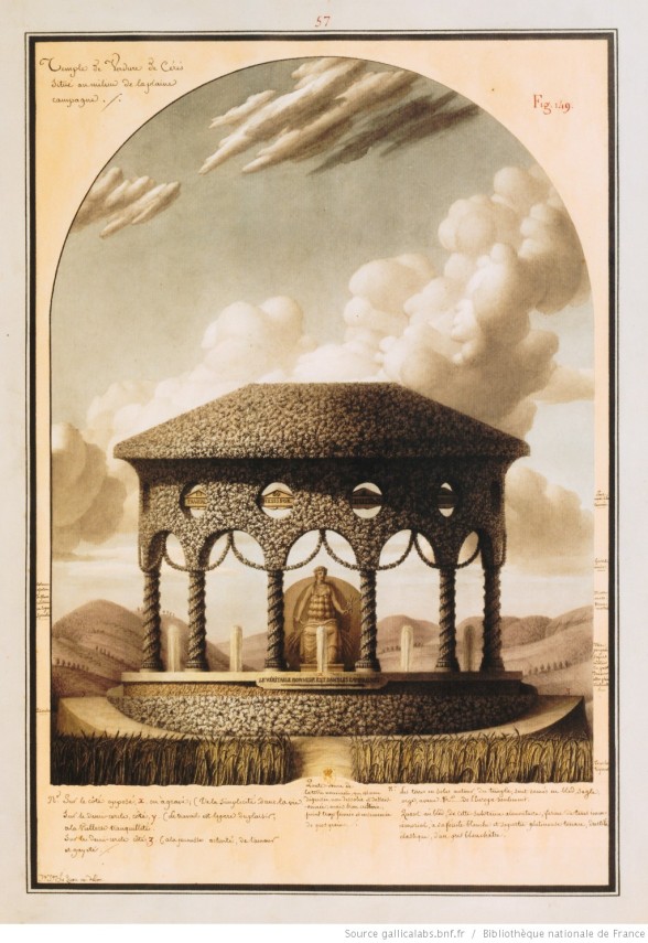 Temple de verdure de Cérès situé au milieu de la plaine campagne, Leque, 1780-1826, plume, lavis et aquarelle, 51,6 x 36,4 cm.